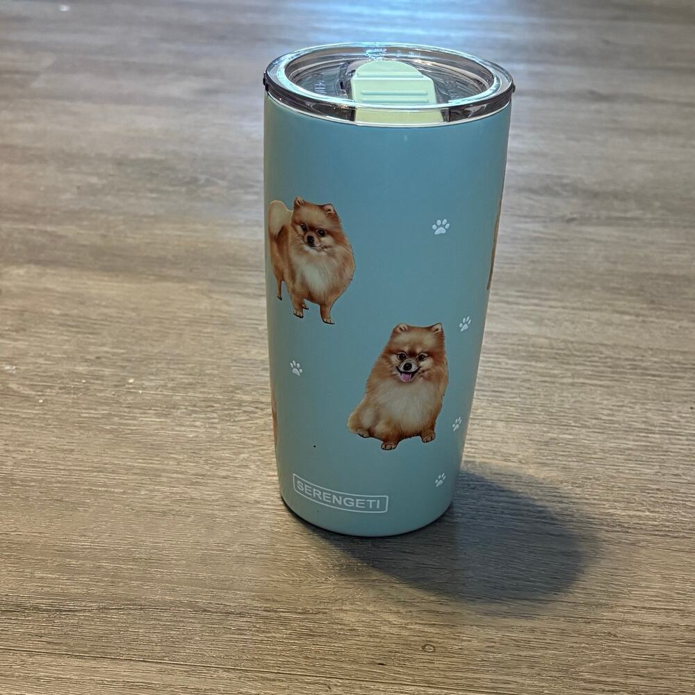 Serengeti Pomeranian Dog Tumbler 20oz Stainless Steel Sage Green Sliding Lid